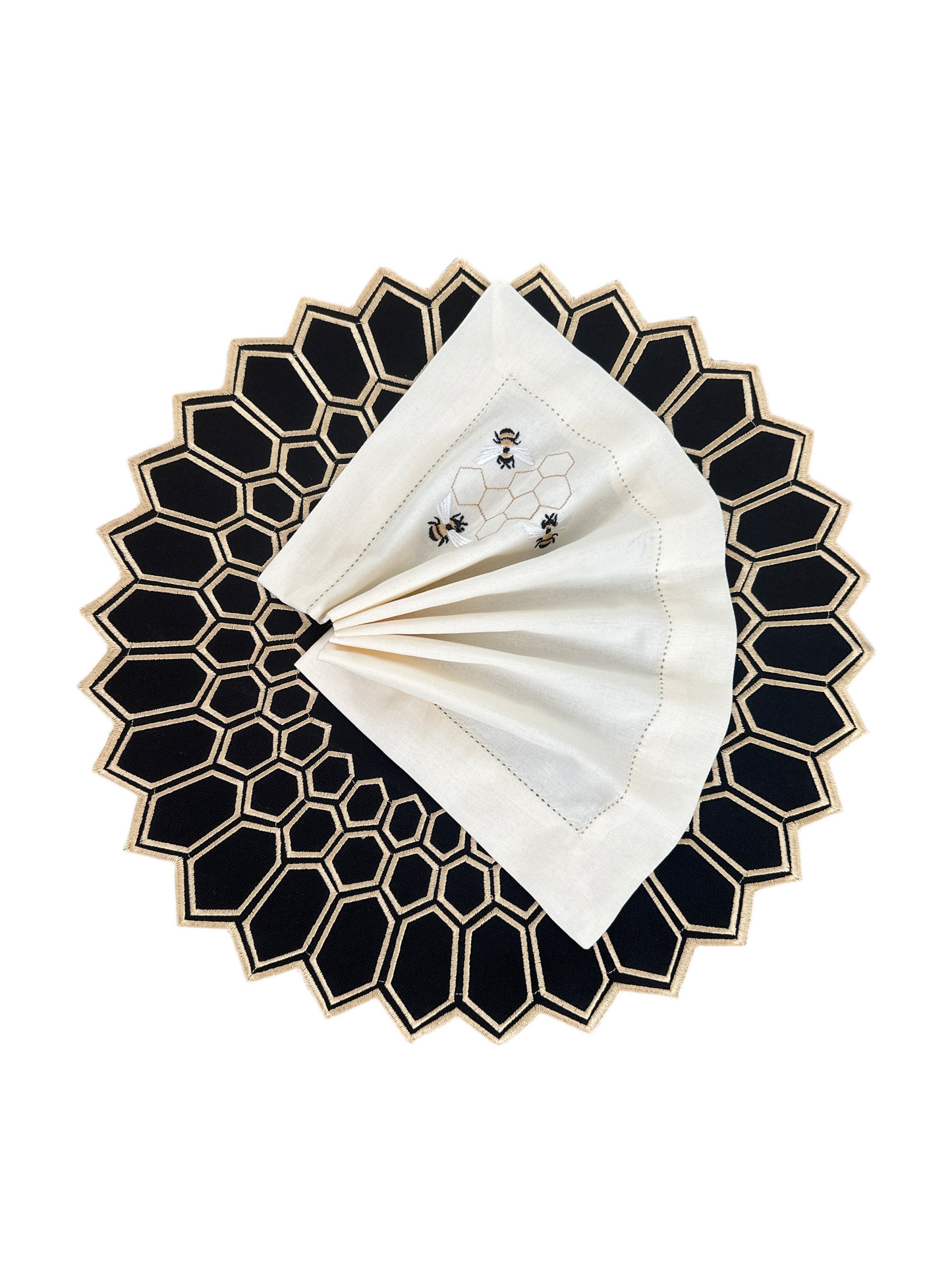 Placemats bee hive black/offwhite designer Revelation Table with bee napkin