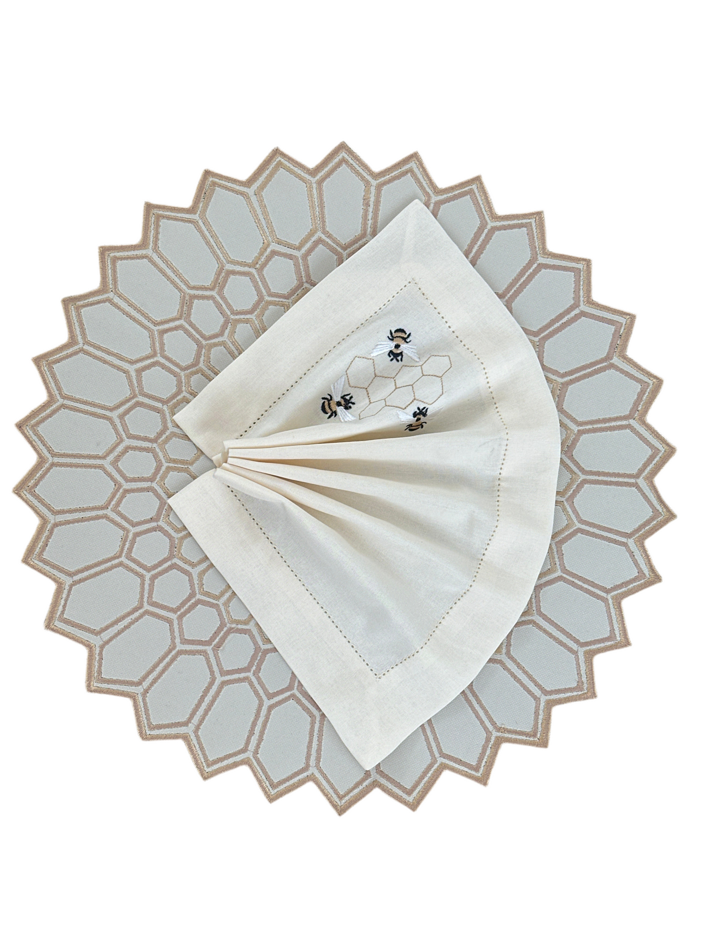Placemats bee hive black/offwhite designer Revelation Table with bee napkin