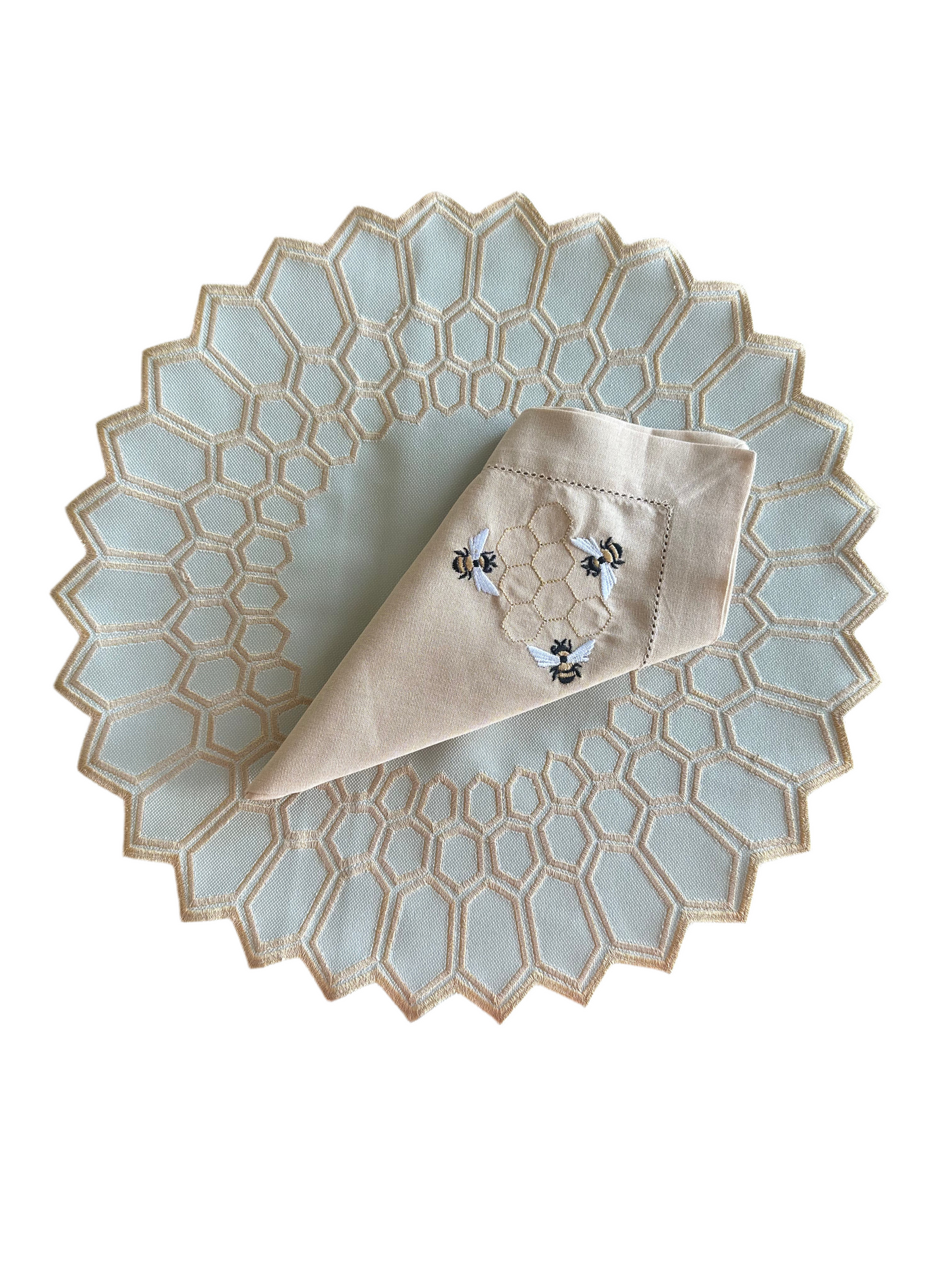 Placemats bee hive two sides beige/offwhite designer Revelation Table with bee napkin