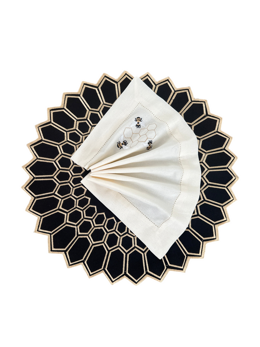 Placemats bee hive black/offwhite designer Revelation Table with bee napkin