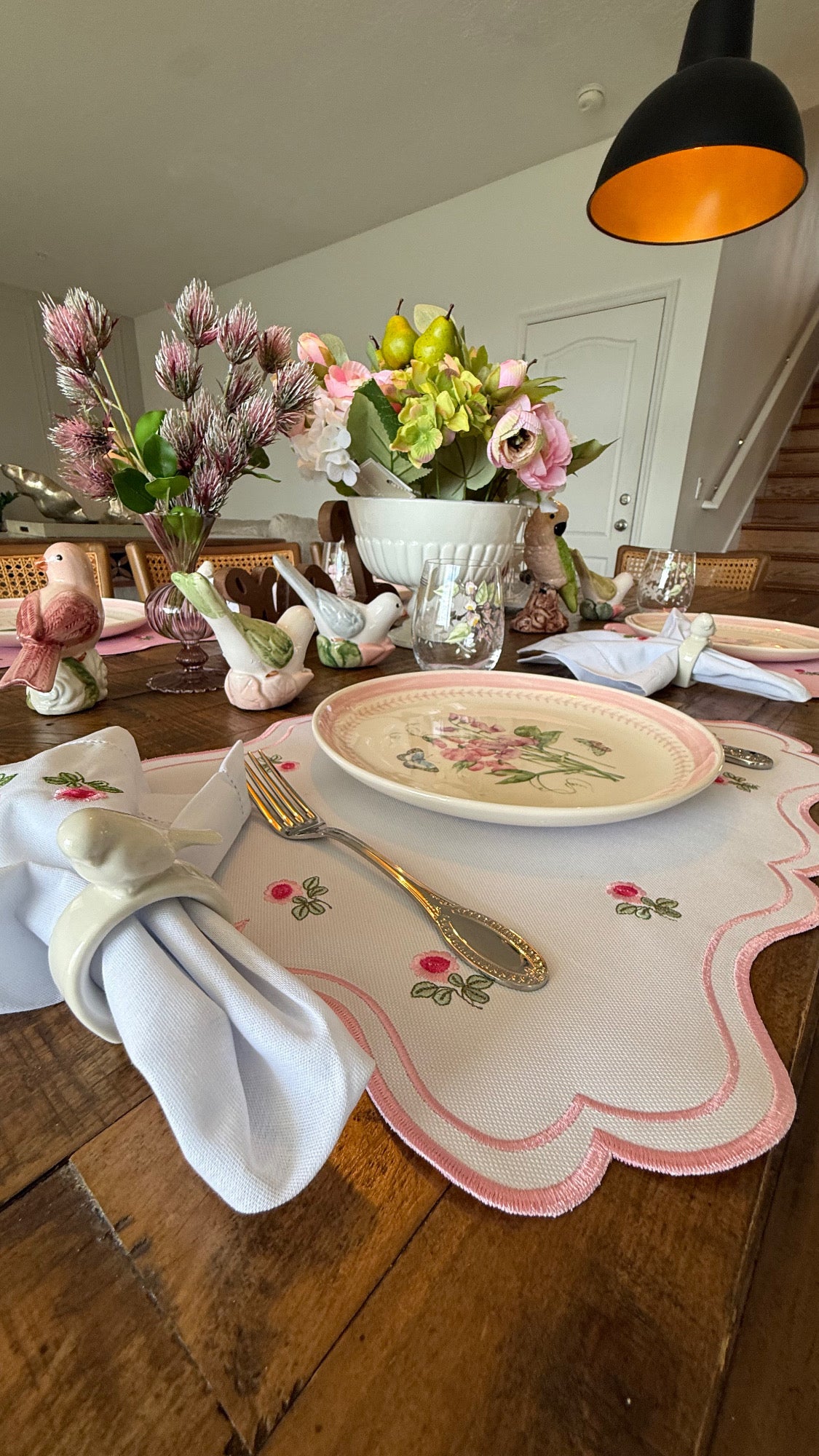 Placemats Double-sided pink flower with embroidered napkin