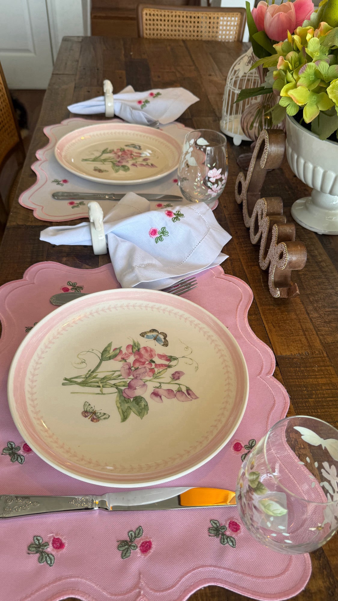 Placemats Double-sided pink flower with embroidered napkin