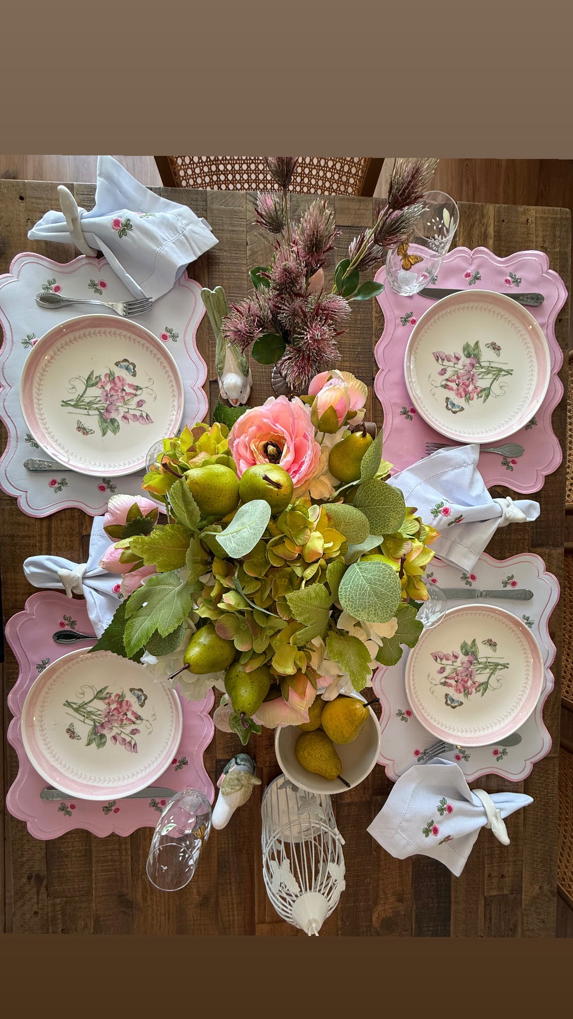 Placemats Double-sided pink flower with embroidered napkin