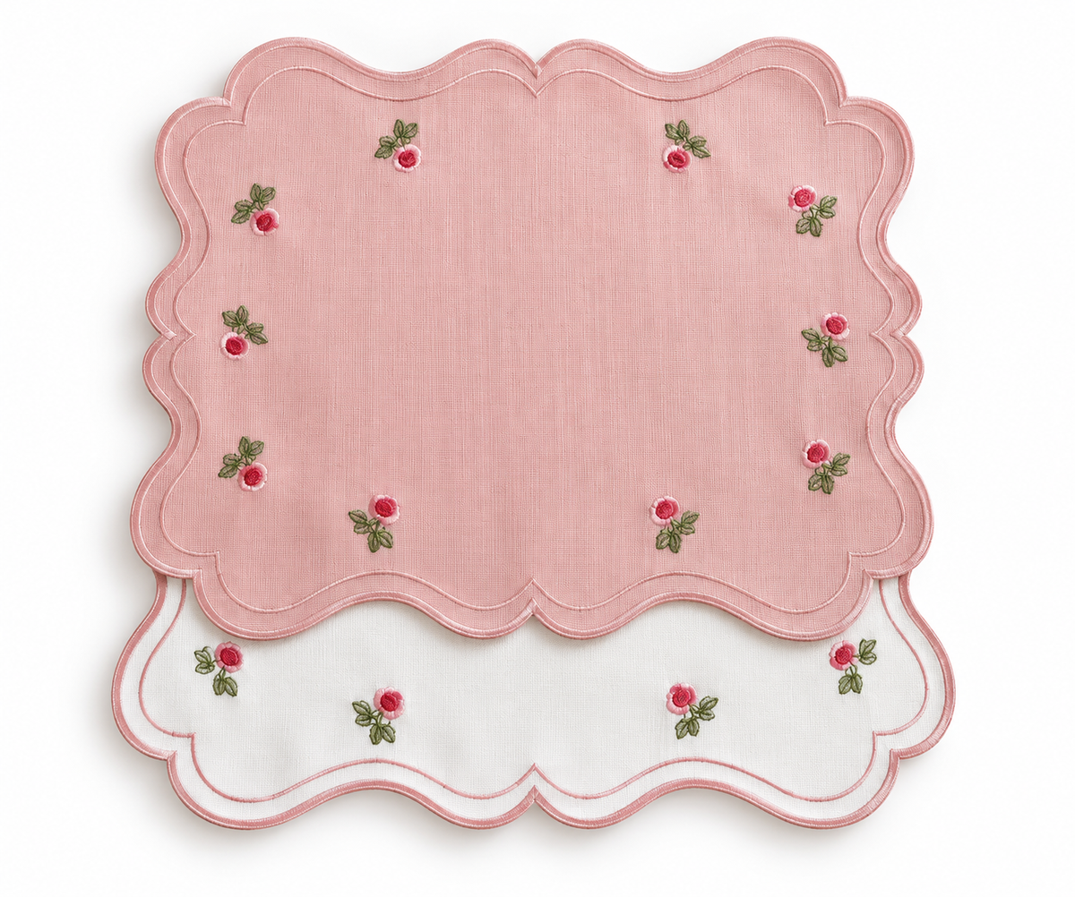 Placemats Double-sided pink flower with embroidered napkin