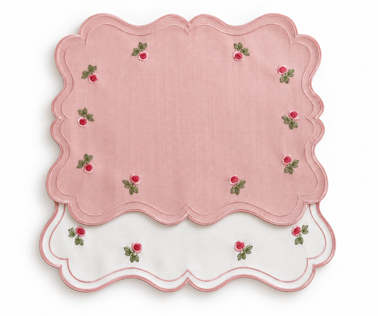 Placemats Double-sided pink flower with embroidered napkin