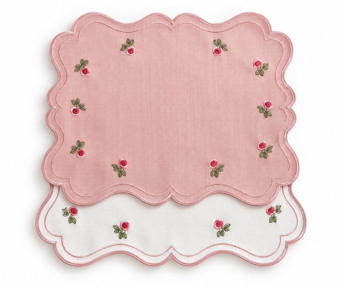Placemats Double-sided pink flower with embroidered napkin
