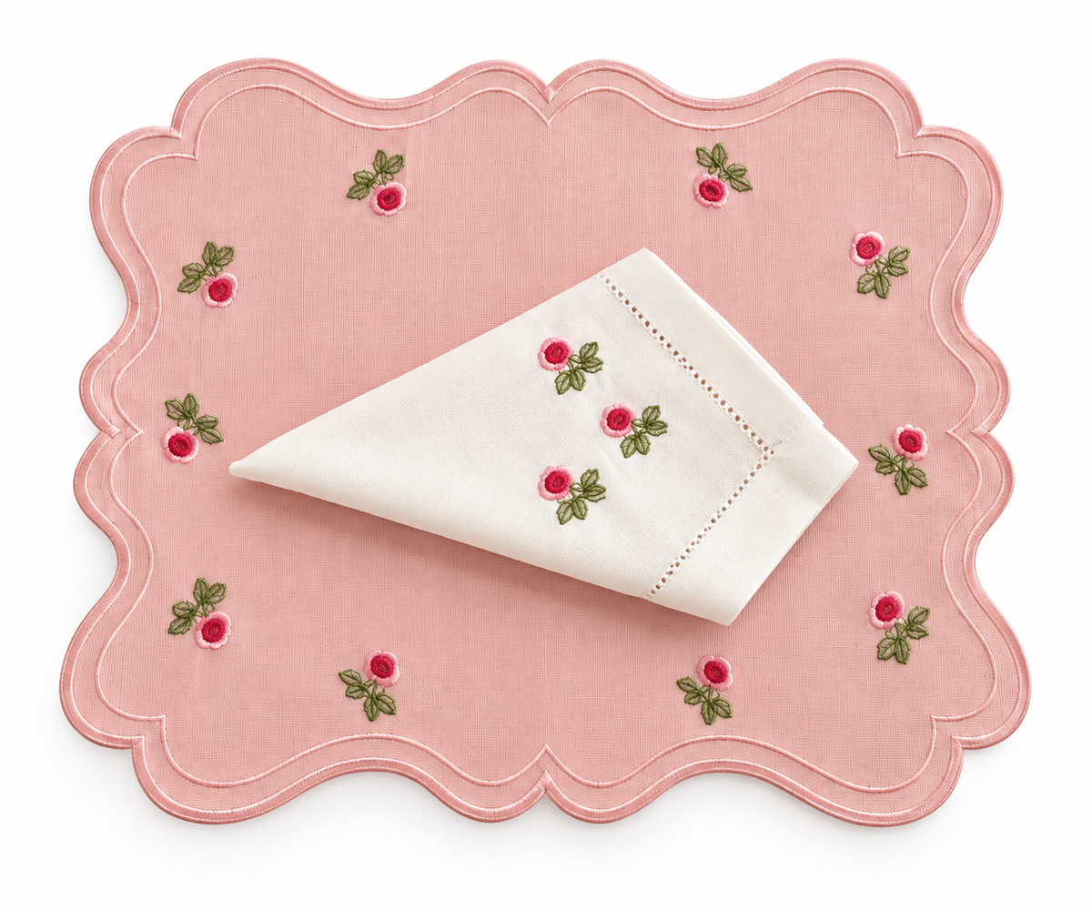 Placemats Double-sided pink flower with embroidered napkin