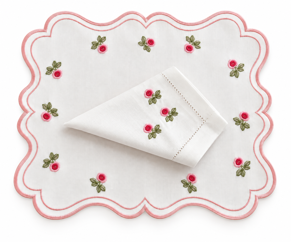 Placemats Double-sided pink flower with embroidered napkin