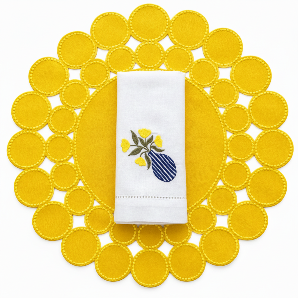 Placemats Yellow with embroidered blue striped vase