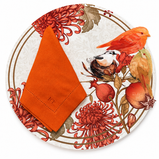 Pomegranate and bird print placemat with linen napkin