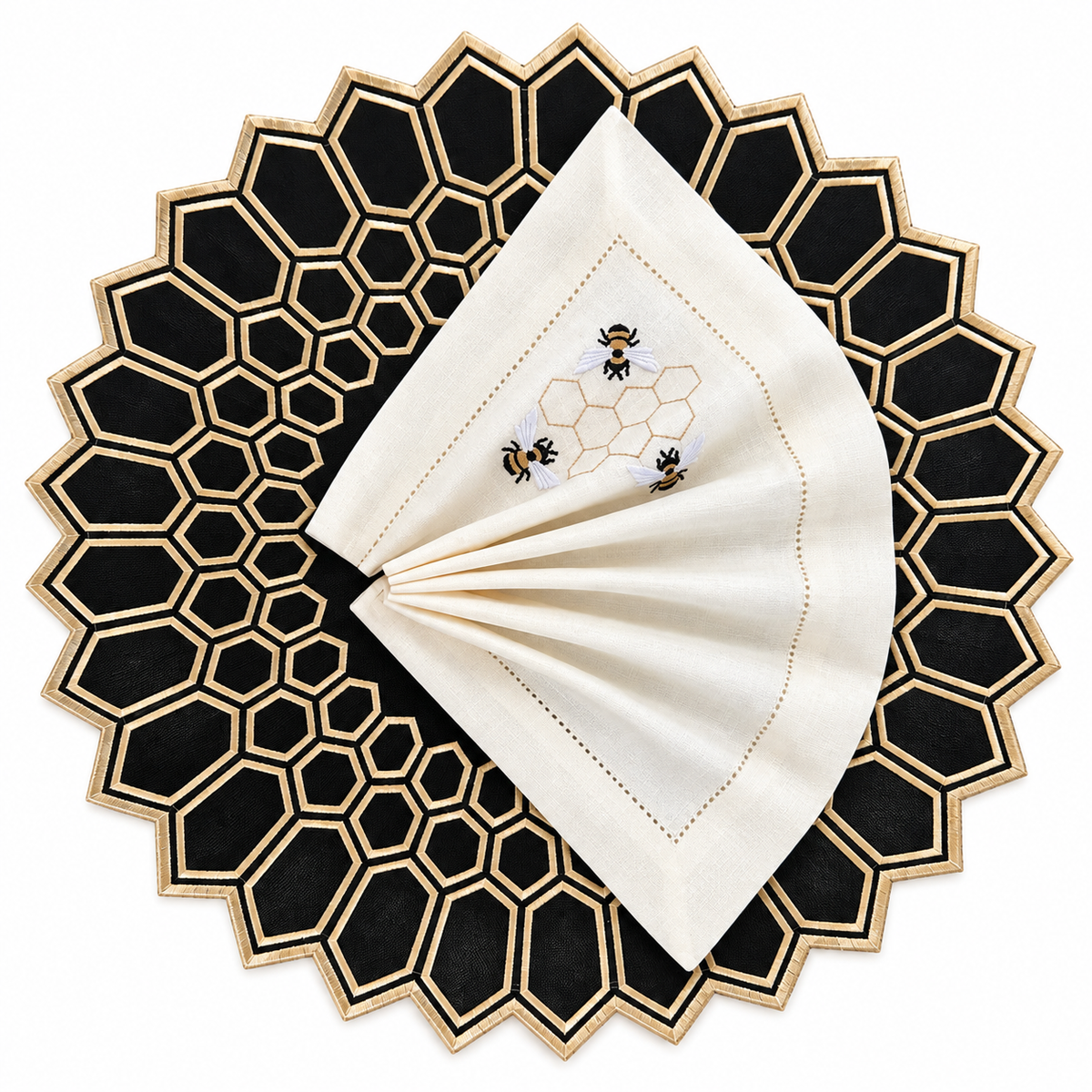 Placemats bee hive black/offwhite designer Revelation Table with bee napkin