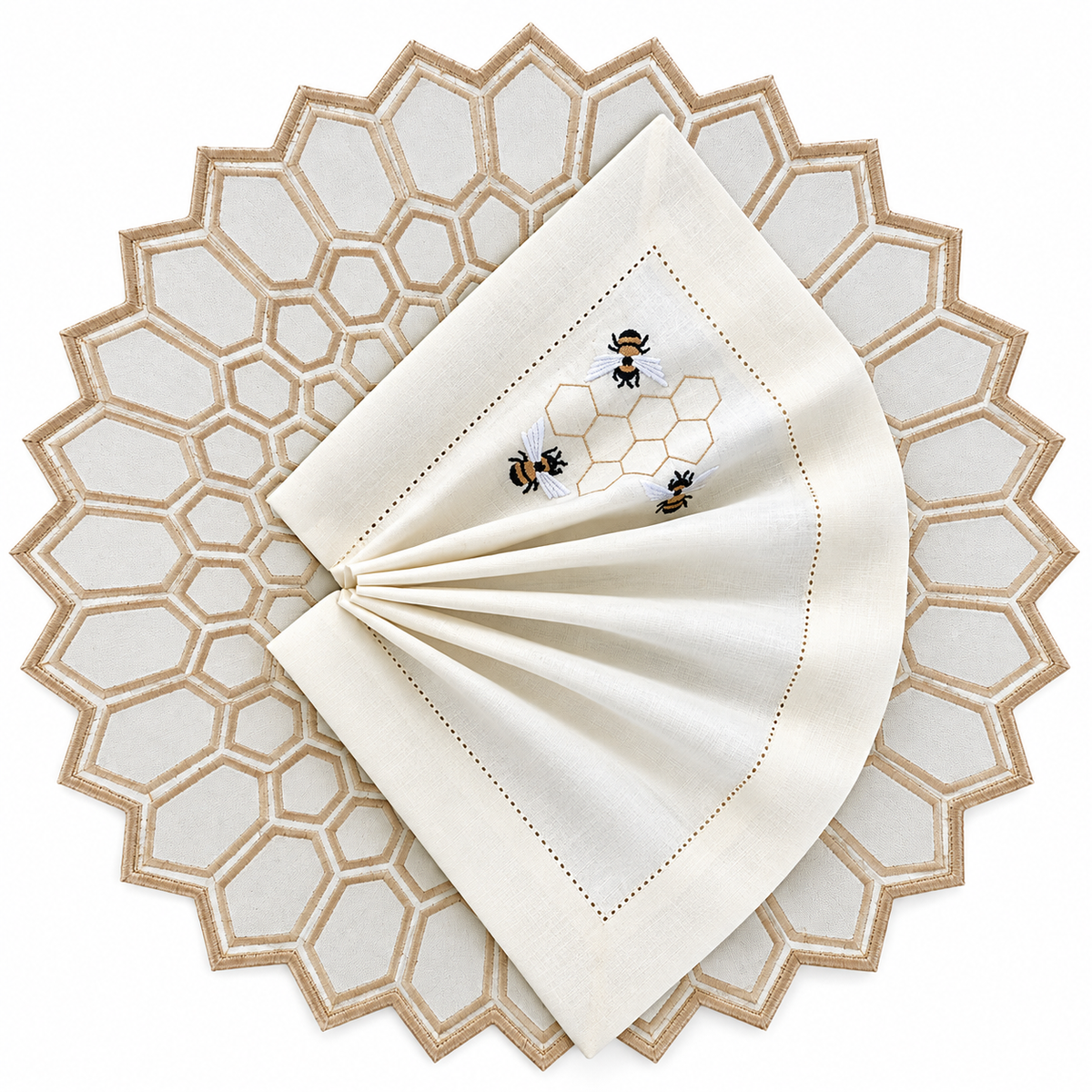 Placemats bee hive black/offwhite designer Revelation Table with bee napkin