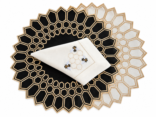 Placemats bee hive black/offwhite designer Revelation Table with bee napkin