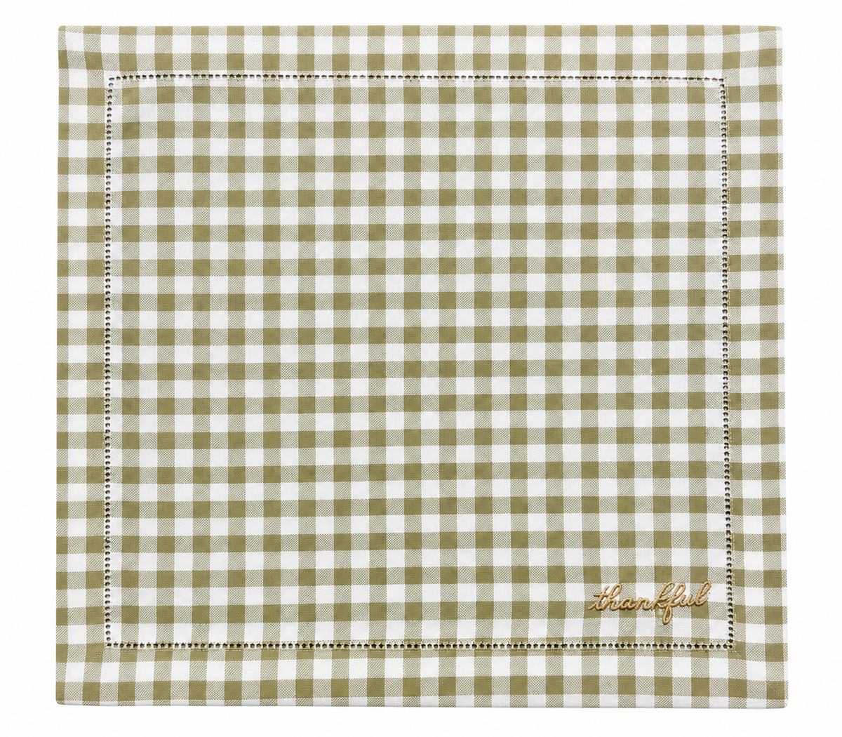 Reversible plaid and white placemat with an embroidered napkin