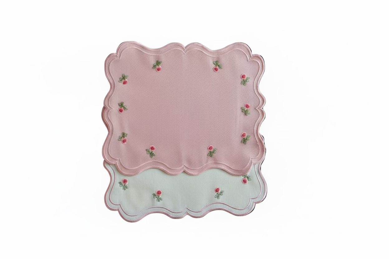 Placemats Double-sided pink flower with embroidered napkin