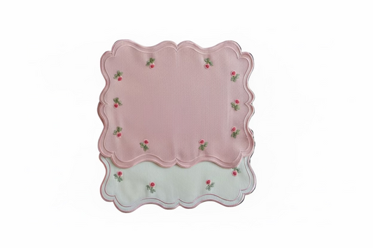 Placemats Double-sided pink flower with embroidered napkin