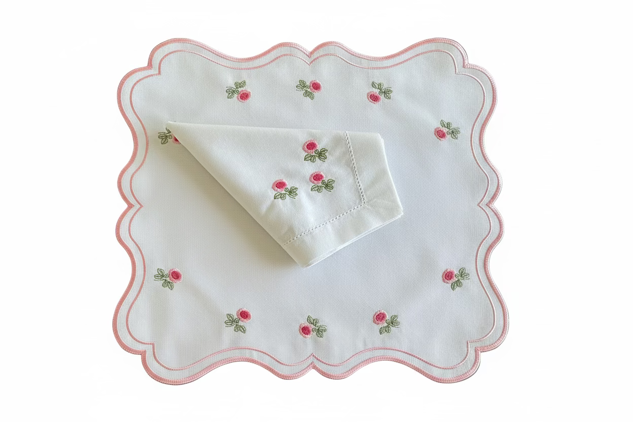 Placemats Double-sided pink flower with embroidered napkin